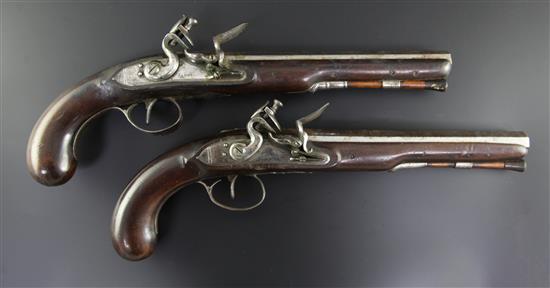 A pair of late 18th century flintlock holster pistols, 15in.